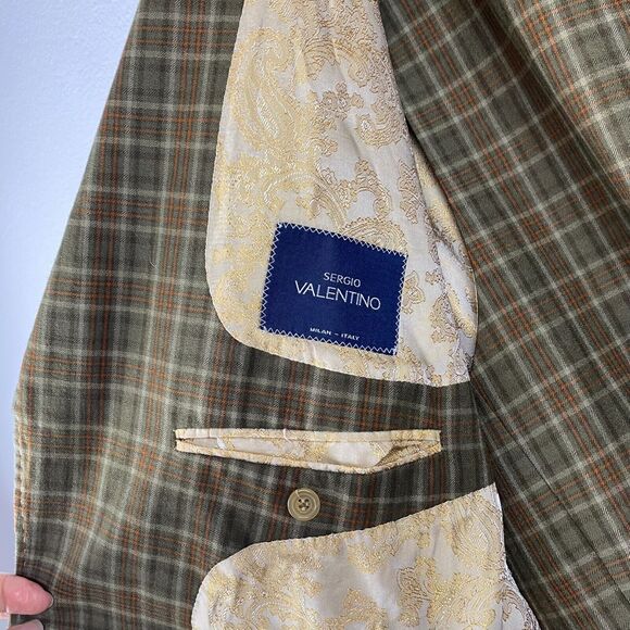 Men’s Sergio Valentino 2 PC Suit  Size  Wool Beige Green Brown Plaid Jacket/Vest - Picture 13 of 15